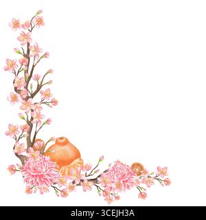 Linke untere Ecke der Sakura-Kirschbaumzweige, Orangen-Mandarinen und rosa Chrysanthemen-Blumenköpfe. Chinesisches Neujahr. Blumenklipar Stockfoto