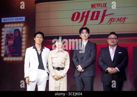 Jin Sun-Kyu, Bang Hyo-Rin, Cho Hyun-Chul und Lee Hae-Young, 18. August 2025: (L-R) die Mitglieder Jin Sun-Kyu, Bang Hyo-Rin, Cho Hyun-Chul und Lee Hae-Young nehmen an einer Pressekonferenz für Netflix's neue Serie Aema in Seoul, Südkorea, Teil. Inspiriert vom Hit „Madame Aema“ aus dem Jahr 1982 dreht sich die sechsteilige Netflix-Originalserie um die Welt der koreanischen Filmindustrie der 1980er Jahre. Quelle: Lee Jae-won/AFLO/Alamy Live News Stockfoto