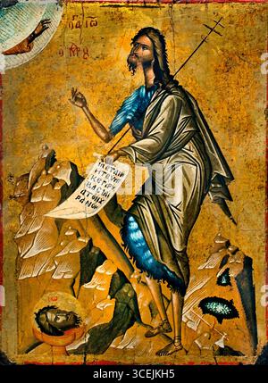 Saint Jean Baptiste - Johannes der Täufer Kreta Griechenland heute 1500 griechische Ikone Lille Museum Frankreich Französisch ( Johannes der Täufer war ein Prophet, der in der Wüste Judäas erschien, indem er eine Taufe der Buße für die Vergebung der Sünden predigte und den Weg für Jesus bereitete. Er lebte ein Leben in Isolation und Einfachheit, trug Kamelhaarkleid und aß Heuschrecken und wilden Honig. Sein dienst gipfelte mit der Taufe Jesu im Jordan und der Verkündigung Jesu als Sohn Gottes. Johns Leben und dienst wurden unterbrochen, als er von Herodes A inhaftiert wurde Stockfoto
