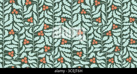 Minimalistischer botanischer weihnachtskritzelhintergrund mit Mistel. Moderner Winter Hand gezeichnete gelbe winzige Beeren, wellige Blätter Vektor nahtloses Muster. Stock Vektor