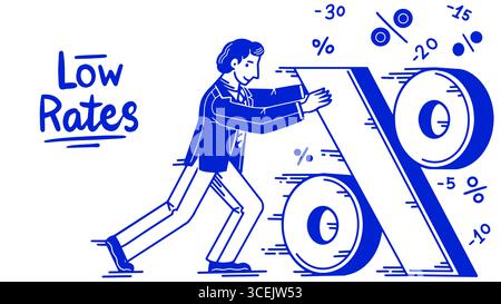 Ein Geschäftsmann im Anzug, der ein Prozentzeichen für Ihre Bedürfnisse drückt. Konzept für Online-Bank oder Ihr Finanzunternehmen. Sonderangebot, Sonderangebot, Geschenk Stock Vektor
