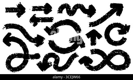 Großer Satz schwarzer Pfeile mit Pinselstrichen, gezeichnetem Marker oder Stift. Sammlung von handgezeichneten Grunge-Elementen mit verschiedenen Formen und Richtungen Stock Vektor