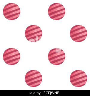 Rote, strukturierte Kugeln mit diagonalen Streifen. Nahtloses Aquarellmuster isoliert auf weiß. Verspieltes minimales Design, geeignet für Kinderprodukte Stockfoto