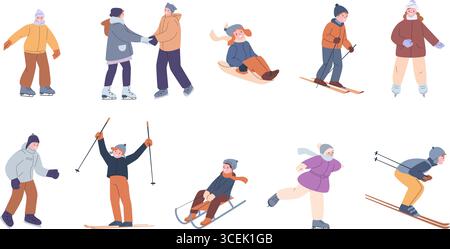 Winteraktivitäten für Kinder. Skating- und Schlittenfahrer. Isolierte Kinder, die auf Skates trainieren. Saisonale Outdoor-Spiele, Vektor-Clipart Stock Vektor