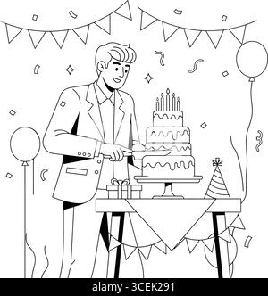 Eine fröhliche schwarz-weiße Linienzeichnung, die eine Geburtstagsfeier darstellt. Ein Mann in Anzug und Krawatte steht neben einem Tisch und schneidet ein großes Multi-T Stock Vektor