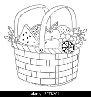 Eine detaillierte schwarz-weiße Linienzeichnung eines gewebten Picknickkorbs mit verschiedenen Früchten. Der Korb verfügt über zwei robuste Griffe und einen ziegelartigen Stock Vektor