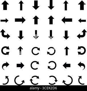 Jeder Pfeil zeigt in eine einzigartige Richtung – nach oben, unten, links, rechts und Drehmuster – und bietet so vielseitige Navigationssymbole. Diese minimalistische d Stock Vektor
