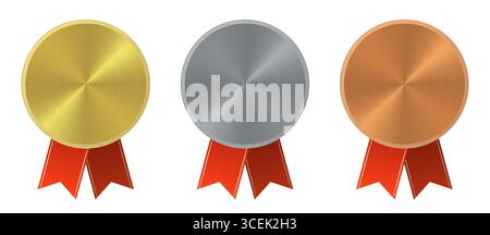 Sammlung von Gold-, Silber- und Bronzemedaillen mit roten Bändern, die Leistung, Sieg und Anerkennung in verschiedenen Wettbewerben und Co-Wettbewerben darstellen Stock Vektor