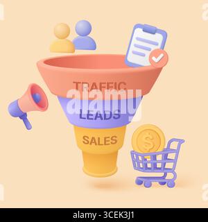Farbenfrohes 3D-Verkaufstrichdiagramm, das Traffic, Leads und Vertriebsphasen mit Marketingsymbolen für die Geschäftsstrategie und den Konvertierungsprozess zeigt Stock Vektor