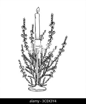 Monochrome Vektor brennende Kerze und Heidekraut Blumenstrauß Linie Kunst schwarze Tinte Skizze. Skandinavische immergrüne Pflanze mit Blumenätzzeichnung zu Weihnachten Stock Vektor