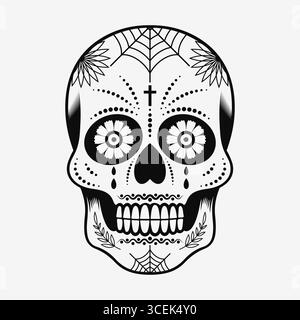 Detaillierte Vektor-Illustration eines traditionellen mexikanischen Zuckerschädels in Schwarz und weiß Stock Vektor