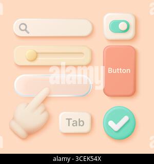 Modernes 3D-Toolkit für die Benutzeroberfläche mit Schaltflächen, Schiebereglern, Schaltern und Symbolen für das Web- oder App-Design, mit weichen Pastellfarben und minimalistischer Vektorillustration Stock Vektor