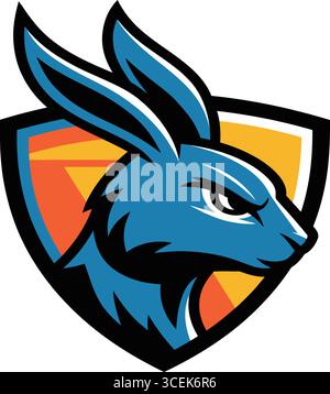 Ein auffälliges und energiegeladenes Emblem mit einem stilvollen blauen Hasenkopf mit einem wilden, entschlossenen Ausdruck. Gerendert in scharfen Linien und lebendigen Farbtönen von bl Stock Vektor