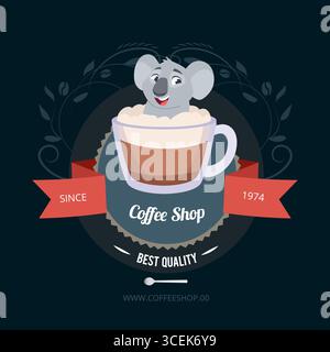 Café-Bar. ADS-Plakette mit Koala-Tier, das in einem Becher sitzt und sich entspannt Stock Vektor