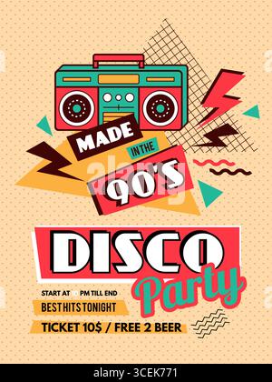 Retro-Poster. 90er Jahre Disco Party Einladungstafel mit Platz für Text Stock Vektor