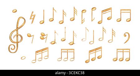 Aquarell handgezeichnete musikalische Note goldene Musiknoten im Skizzenstil auf isoliertem Hintergrund. Gelbes Melodiesymbol Clip Art. Musik-Illustration Stockfoto
