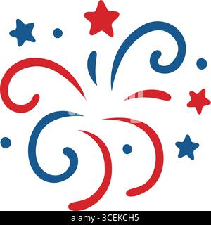 Abstraktes rotes und blaues Starburst-Design. Fröhliche Feier-Explosion auf weißem Hintergrund Stock Vektor