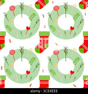 Festliches nahtloses Vektormuster mit grünen Weihnachtskränzen mit Süßigkeiten, Lutscher und roten Strümpfen, perfekt für 2026 Feiertagspackpapier, Stock Vektor