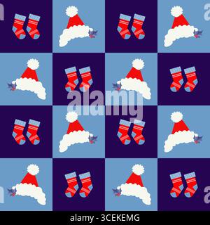 Kariertes Weihnachtsmuster 2026 mit Weihnachtsmützen und festlichen Socken Stock Vektor