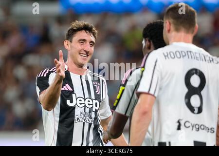 Andrea Cambiaso von Juventus FC feiert während des Fußballspiels zwischen Atalanta BC und Juventus FC ein erstes Tor des Juventus FC Teams Stockfoto