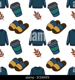 Gemütliche Herbststimmung: Nahtloses Vektormuster mit Pullover, Hausschuhen, Kaffeetassen und Herbstlaub Stock Vektor