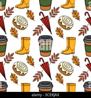Nahtloses Vektormuster mit herbstlichen Elementen: Kaffeetassen, Regenstiefel, Zimtrollen, Regenschirme und Eichenblätter, ein gemütliches und charmantes Stock Vektor