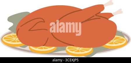 Gebratener truthahn mit Zitrusgarnitur auf weißer Platte. Stock Vektor