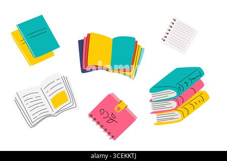 Buntes Sortiment an offenen und geschlossenen Büchern und Notizbüchern für Studium und Organisation. Stock Vektor