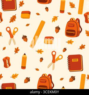Nahtloses Muster mit Schulbedarf und Herbstlaub. Stock Vektor