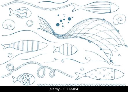 Verschiedene Meereselemente, Fische, Seile, Netze, Wellen und Blasen in einheitlicher Tintenpalette für flexible Komposition. Handgezeichnete Illustration für Tintenstriche Stock Vektor