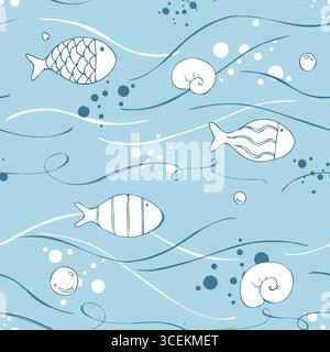 Wellen, Seile und schwimmende Fische auf dem hellen, himmelblauen Meer mit verspielten Punkten. Handgezeichnete Illustration für Tintenstriche. Nahtloses Muster für Zapfendeckel Stock Vektor