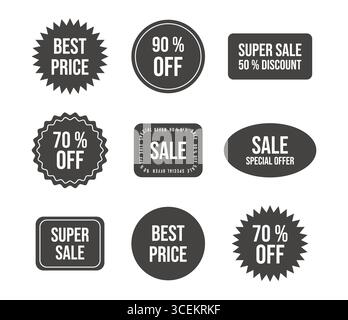 Schwarzes freitagsaufkleber-Set im Sonderangebot. Moderne Promo-Etiketten, Patches, Briefmarken zum Einkaufen. Große Rabatte Stock Vektor