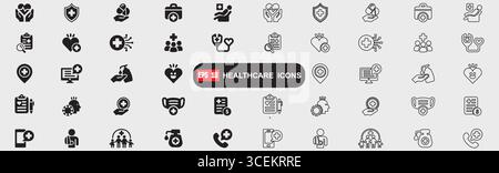 Symbolgruppe Gesundheitswesen. Behandlung, Prävention, Medizin, Gesundheit, Diagnose, Bericht, Krankheit, Verletzung und mehr. Sammlung von Linienvektorsymbolen. Stock Vektor