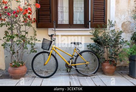 Gelbes Fahrrad mit Korb vor einer rustikalen Wand mit offenen Holzläden, Topfpflanzen und Blumen, Straßenszene in Nafplio Stockfoto