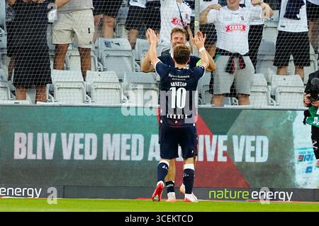 Odense, Dänemark. August 2025. 3F Superliga-kampen mellem ob og AGF paa Nature Energy Park i Odense Mandag den 18. august 2025. Quelle: Ritzau/Alamy Live News Stockfoto