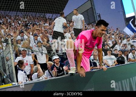Odense, Dänemark. August 2025. 3F Superliga-kampen mellem ob og AGF paa Nature Energy Park i Odense Mandag den 18. august 2025. Quelle: Ritzau/Alamy Live News Stockfoto