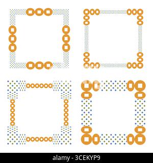 Orangefarbener gepunkteter Rand. Vektor mit bunten Punkten. Quadratischer dekorativer Rahmen. Moderne abstrakte Ecken. EPS 10. Stock Vektor
