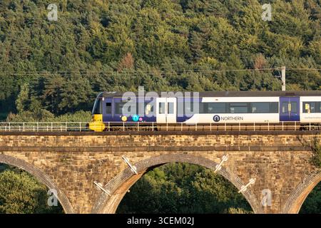Ein Elektrotriebwagen der British Rail Class 333, der von Northern Trains über ein Viadukt auf der Wharfedale Railway Line in Baildon, Yorks, betrieben wird. Stockfoto