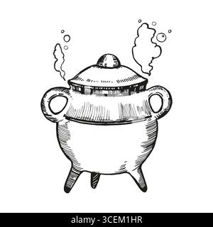 Monochrome Vektortopf und -Dampf, Küchenhelfer, Köche, Hexerei, Zauberausrüstung, alter Topf, schwarz-weiße Illustration von Mystiker, Kochthema, Hand Stock Vektor