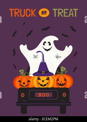 Halloween Spooky Truck oder Treat Cute Vektor Poster. Holiday Truck mit Geist, Kürbissen, Spinne, Fledermäusen, gruseligen Charakteren, Cartoon-Design-Element Stock Vektor