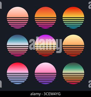 Farbenfroher Sonnenuntergang im Vintage-Stil. Gestreifte Sonnenaufgangsabzeichen im Stil der 80er und 90er Jahre. Blick auf Sonne und Meer, Sommerstimmung, Surfen. Designelement für Druck Stock Vektor
