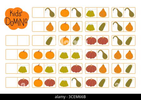Kürbisdomino für Kinder, Herbstvokabular lernen, unterhaltsame Lernaktivität für die Entwicklung des logischen Denkens, helle Illustration druckbares Arbeitsblatt Stock Vektor