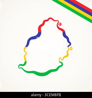 Umrisskarte von Mauritius in Flaggenfarben markiert Stock Vektor