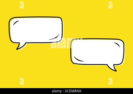 Zwei komische Sprechblasen auf gelbem Hintergrund. Sprechballons im Doodle-Stil für Kommunikation, Chat-Design und Zeichentricknachrichten Stock Vektor