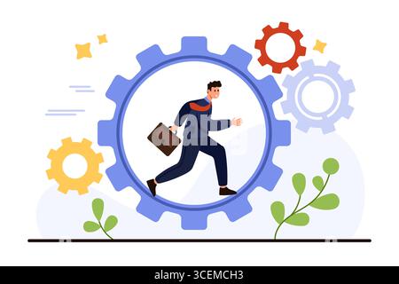 Firmenmitarbeiter im Anzug, der mit einer Aktentasche in einer riesigen Ausrüstung läuft, die Geschäftsprozesse, Arbeitsabläufe und Produktivität auf einer isolierten Vektorillustration mit weißem Hintergrund symbolisiert Stock Vektor