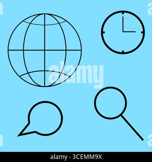 Weltkugel. Abbildung des Uhrensymbols. Lupenvektor suchen. Sprechblase-Emblem. Stock Vektor