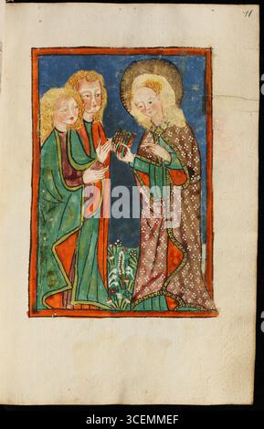 Eine Seite aus einem libellus Johannes des Evangelisten, die 1493 fertiggestellt wurde. Das Manuskript enthält Texte von und über Johannes den Evangelist, darunter Beispiele, Predigten, Sequenzen, Lektion, und die Offenbarung auf Deutsch. Aus dem Gnadentaler Kloster der Klarinenser. Stockfoto