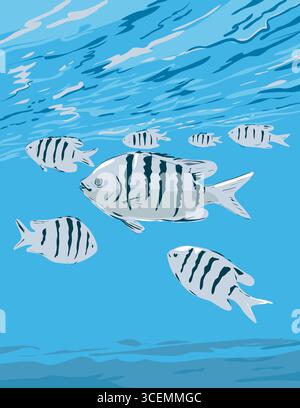 WPA-Plakatkunst einer Schule von Korallenrifffischen Sergeant Major oder p’ntano Abudefduf Saxatilis im Ogasawara-Nationalpark südlich von T Stock Vektor