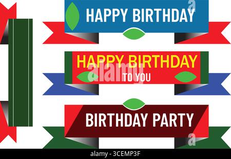 Bunte Happy Birthday Party Vektor Banner mit Festband und Typografieetiketten für festliche Einladung Karte Design und dekorative Veranstaltung gr Stock Vektor