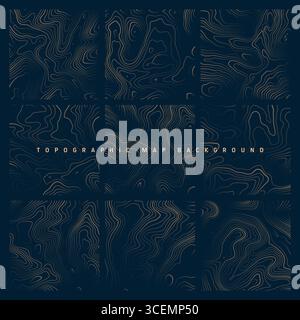 Farbenfrohe topografische Karten mit Konturlinien. Geografisches Geländeraster, Höhe des Reliefs. Massepfadmuster. Reise und Navigation Stock Vektor